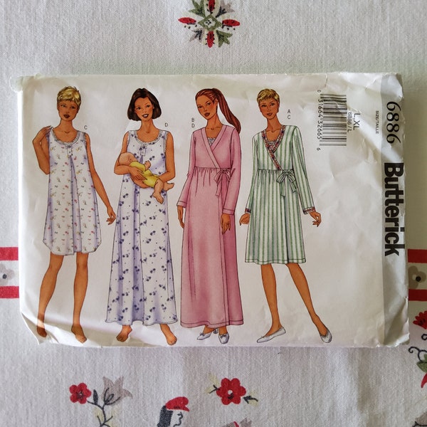 Butterick 6886 Complete Uncut Factory Folds Vintage Y2K Sewing Pattern Maternity Robe and Nightgown Expectant Half or Full Length Size L XL