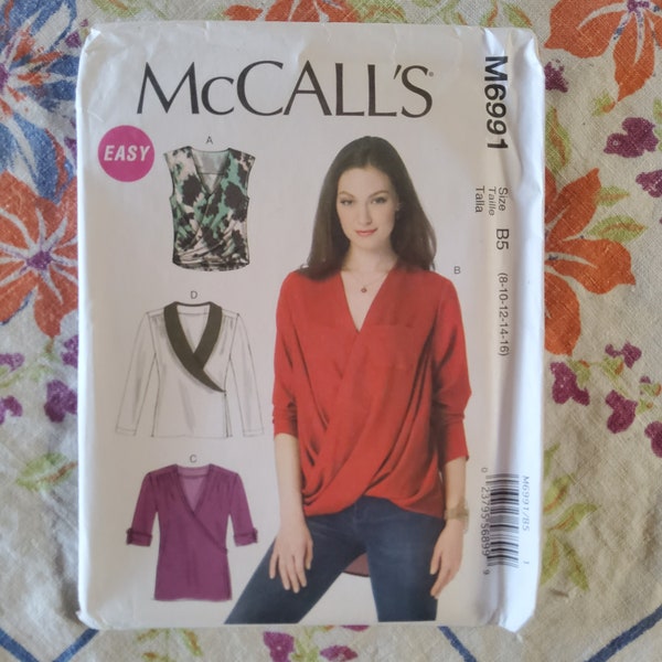 McCalls 6991 Complete Uncut Factory Folds Sewing Pattern Easy Draped Blouses Surplice High Low Collar Sleeve Variations Sz 8-16 Bust 31.5-38