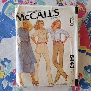 May include: Vintage McCall's sewing pattern number 6443 for a misses size 16 with a bust measurement of 38 inches. The pattern features three different styles of tops and pants. The pattern is printed on white paper with a light blue background.