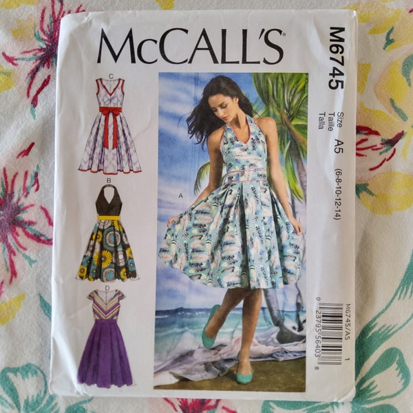 McCalls 6745 Complete Uncut Factory Folds Sewing Pattern Retro Style Halter Dress Box Pleats Skirt Fit and Flare Sexy Bombshell Size 6-14
