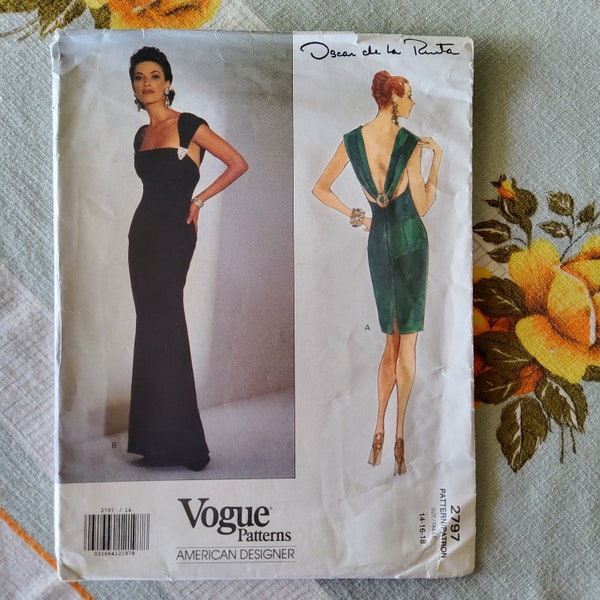 Vogue 2797 Komplette Uncut Factory Folds VNTG 90er Jahre Schnittmuster Amerikanischer Designer Oscar de la Renta Plunge Back Body Con Formal Dress 14-18