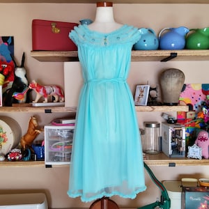 Vintage 50s 60s Gaymode Sheer Nylon A Line Babydoll Nightie With Waist Tie Ruffles Layers Clear Blue Sexy Vintage Honeymoon VLV Rockabilly M