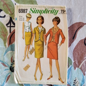 Simplicity 6987 Cut Complete Vintage 60s Sewing Pattern Weskit Jacket and Skirt Suit Shaped Hem Jacket Size 14 Bust 36