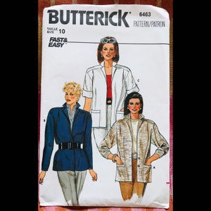 May include: A sewing pattern for a jacket, featuring three women wearing different styles of jackets. The pattern is labeled "Butterick" and "6463" with the text "Fast & Easy" printed on the page.