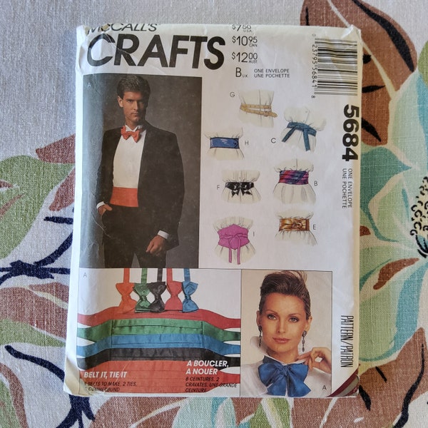 McCalls Crafts 5684 Complete Uncut Factory Folds Vintage 90s Sewing Pattern Bow Ties Cummerbunds Fancy Belts Ascot Cravat Unisex Formal Bits