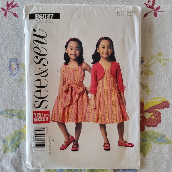 Butterick See & Sew 6037 Patron de couture complet non coupé Usine Plis Robe d'été pour enfants Adorable boléro Taille 3-8 Poitrine 22-27