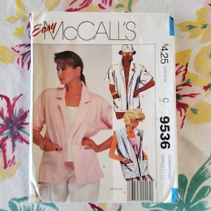 McCalls 9536 Complete Uncut Factory Folds Vintage 80s Sewing Pattern Simple Open Front Patch Pocket Jacket Sleeve Options Size 10-14