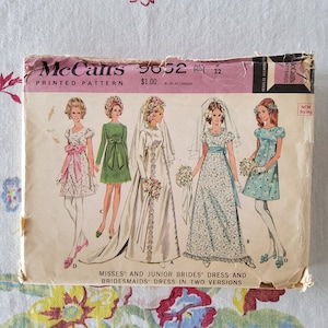 McCalls 9652 Complete Uncut Factory Folds Vintage 60s Sewing Pattern Wedding Formal Dress Mini or Maxi Puff Sleeves Empire Waist Sz 9 32