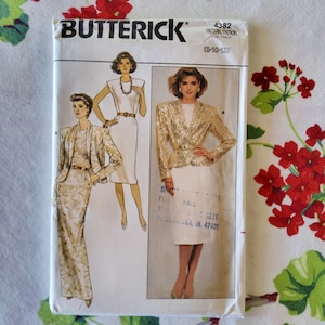 May include: A vintage sewing pattern for a two-piece outfit. The pattern is for sizes 8-10-12. The outfit includes a skirt and a jacket. The jacket has a sequined design. The pattern is from Butterick and the pattern number is 4382.