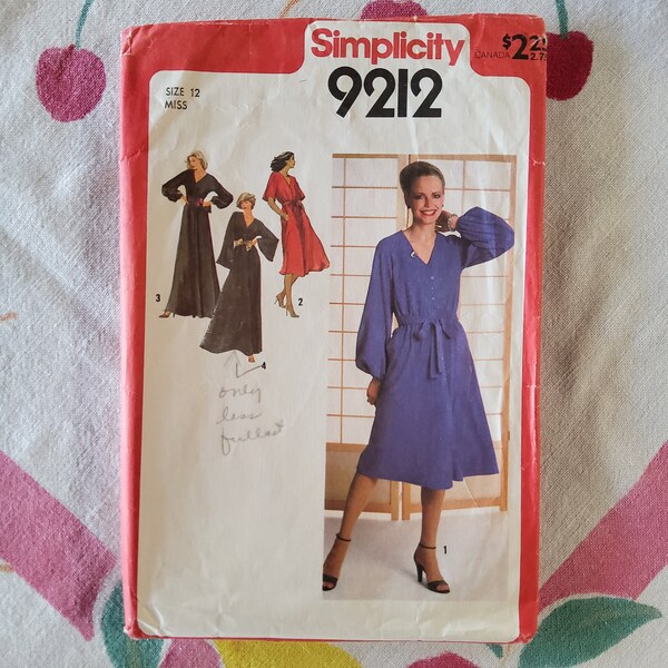 Simplicity 9212 Cut Complete Vintage 70s Sewing Pattern Blouson Dress Maxi Midi Very Full Sleeves Skirt Size 12 Bust 34