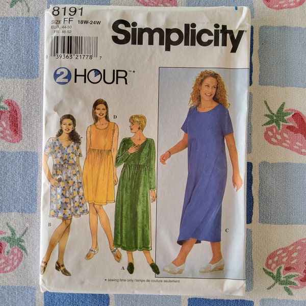 Simplicity 8191 Complete Uncut Factory Folds Vintage 90s Sewing Pattern High Waist Full Skirt Patch Pockets Casual Patio Dress Size 18W-24W