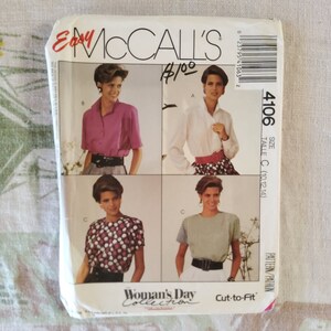 May include: A sewing pattern for a blouse with four different styles. The pattern is from McCall's and is part of the Woman's Day Collection. The pattern number is 4100 and the size is C (10, 12, 14).