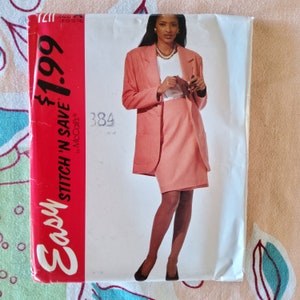 May include: A pink skirt suit sewing pattern with a white background. The pattern is for a blazer and a skirt. The pattern is from McCall's and is called "Easy Stitch 'n Save". The price is $1.99.
