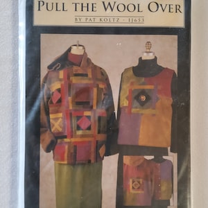 May include: A sewing pattern for a hooded pullover and vest. The pattern is called "Pull the Wool Over" by Pat Koltz and the pattern number is 1J653. The pattern is for sizes XS-XXL. The pattern is from Indygo Junction, Inc.