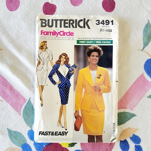 May include: Vintage Butterick sewing pattern 3491 for women's suits. The pattern features illustrations of suit designs in white, blue polka dot, and yellow. The text on the pattern reads "VERY EASY / TRES FACILE" and "FAST & EASY".