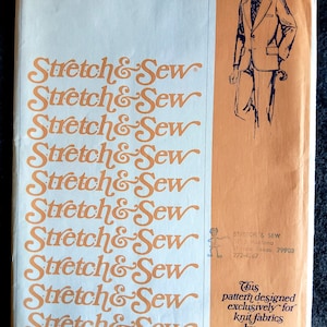 May include: A sewing pattern for a classic jacket, featuring the text "Stretch & Sew" repeated multiple times. The pattern is designed exclusively for knit fabrics by Ann Person. The suggested retail price is $3.00 in the USA and $3.30 in Canada.