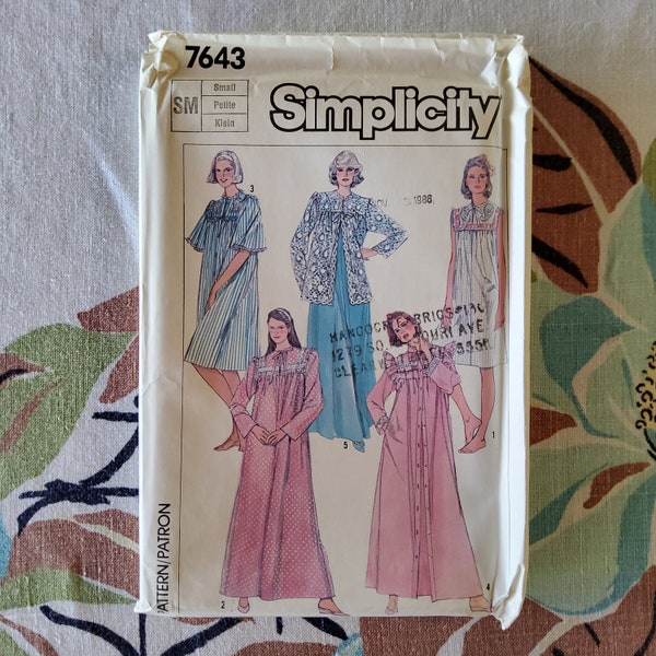 Simplicity 7643 Complete Uncut Factory Folds Vintage 80s Sewing Pattern Housedress Nightgown Robe Victorian Modest Boudoir Sz S Bust 32.5-34