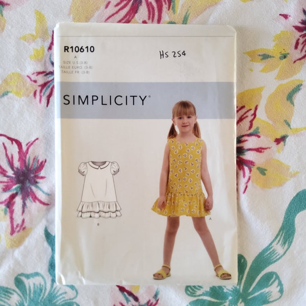 Simplicity 10610 Complete Uncut Factory Folds Contemporary Sewing Pattern Kids Simple Scooter Dress Puff or Sleeveless Size 3-8 Chest 22-27