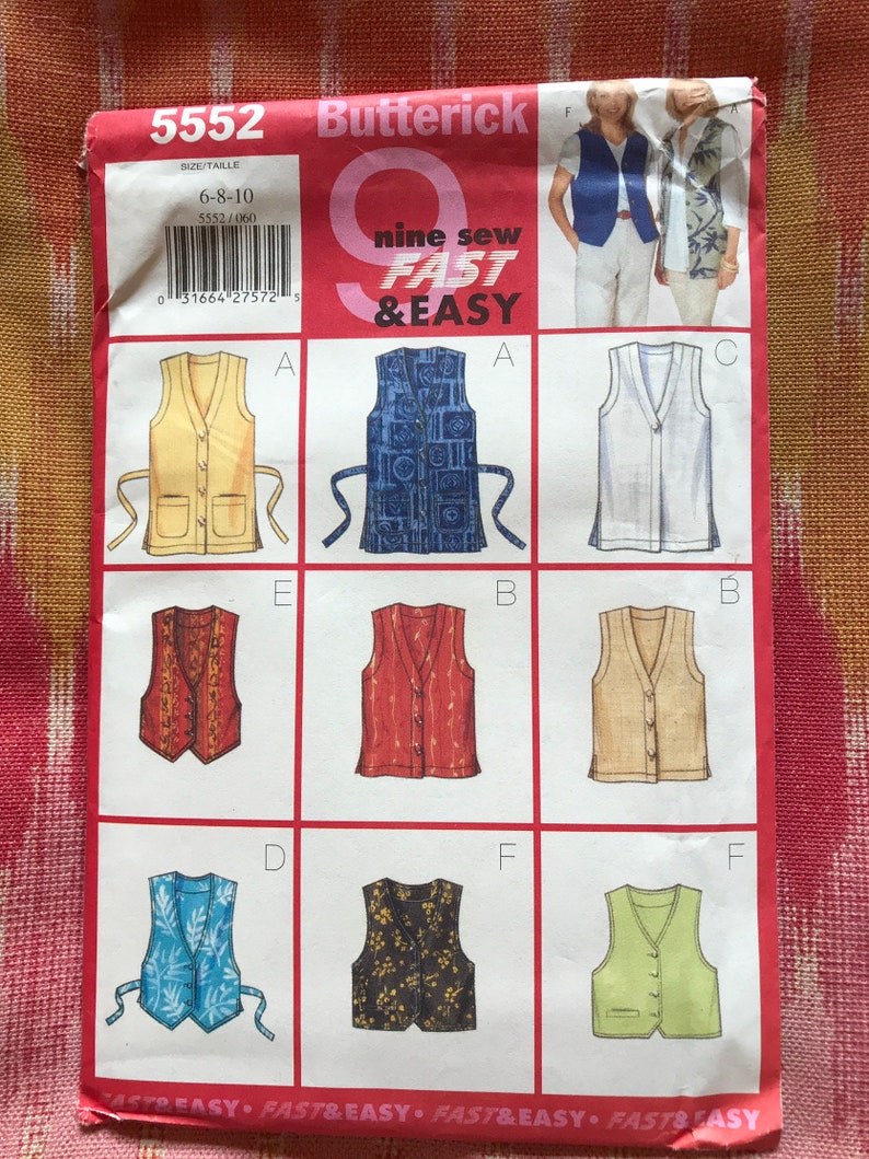 Butterick 5552 Complete Uncut Factory Folds Nine Fast /& Easy Women/'s Vests Vintage 90s Sewing Pattern