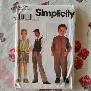May include: Simplicity sewing pattern number 9074 for boys' clothing. The pattern includes instructions for making a shirt, vest, and pants. The pattern is for sizes 3, 4, 5, 6, 7, and 8.