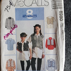 McCalls 8980 Komplette ungeschnittene Fabrik Falten Vintage 90er Jahre Kinder Button Up Shirt Muster mit Fake Weste Option Weniger in der Schule zu Verlieren Größe 7 8 10