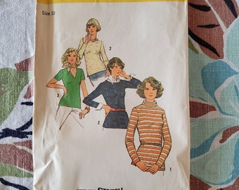 Simplicity 6624 Complete Uncut Factory Folds Vintage 70s Sewing Pattern Knit Tops Short Long Sleeve Neckline Variations Size 10 Bust 32.5