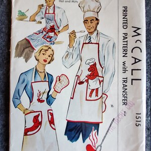 McCalls 1515 Cut Complete Vintage 40s Sewing Pattern Mr. and Mrs. Barbecue Aprons Hilarious Weiner Dog Appliques Pun