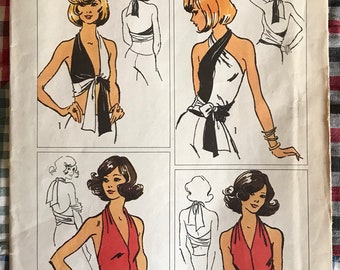 Authentic 1970s Simplicity 5555 Jiffy Knit Wrap and Tie Halter Top Braless Hippie Sexy Complete