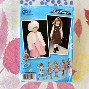 May include: Simplicity 2828 sewing pattern for girls' dresses. The cover features photos of children wearing the dresses, with a pink dress and white fur jacket. The pattern is inspired by Project Runway and includes sizes A 3,4,5,6,7,8.