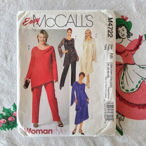 Może przedstawiać: Wzór szycia na sukienkę i spodnie dla kobiet. Wzór jest dla rozmiarów 18W-20W-22W-24W i 36-38-40-42. Wzór nazywa się McCall's Easy Womanstyle M4722.