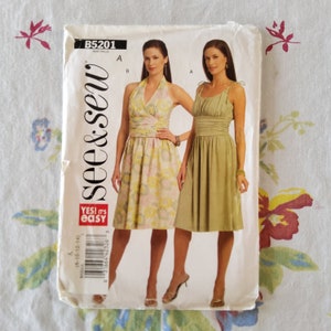 Butterick See & Sew 5201 Complete Uncut Factory Folds Sewing Pattern Ruched Halter or Sundress Pattern Super Flattering Sz 8-14 Bust 31.5-36