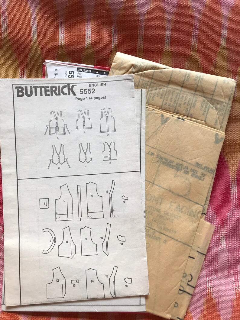 Butterick 5552 Complete Uncut Factory Folds Nine Fast /& Easy Women/'s Vests Vintage 90s Sewing Pattern