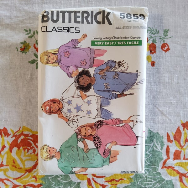 Butterick 5859 Complete Uncut Factory Folds Vintage 80s Embellished Sweatshirts Sewing Pattern For Kids Size 7-14 Chest 26-32
