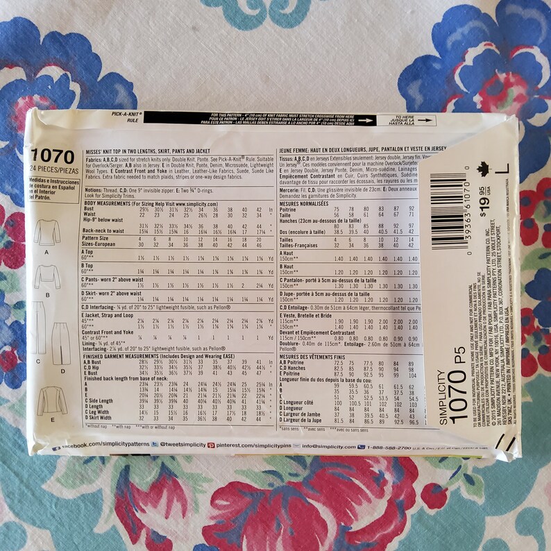 May include: A sewing pattern for a knit top in two lengths, a skirt, trousers, and a jacket. The pattern includes instructions and sizing charts in both English and Spanish. The pattern number is 1070.