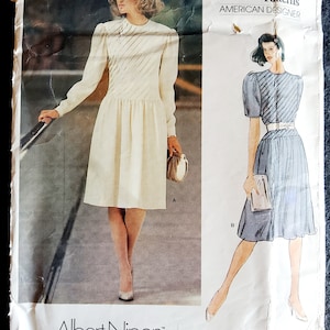 Vogue 1301 Cut Complete Vintage 80s Albert Nipon American Designer Dress Sewing Pattern Blouson Pleated Bodice Size 8 Bust 31.5&quot;