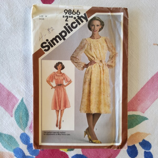 Simplicity 9866 Complete Uncut Factory Folds Vintage 80s Sewing Pattern Yoke Neck Blouson Dress Sheer Sleeve Options Midi Length Size 14 36