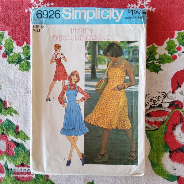 Simplicity 6926 Cut Complete Vintage 70s Sewing Pattern Strappy Sundress Pockets Back Button Up Crossed Straps Size 12 Bust 34