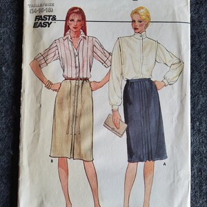 May include: A sewing pattern for two skirts, one with a striped blouse and the other with a white blouse. The pattern is from Butterick and is for sizes 14-16-18. The pattern is labeled "Fast & Easy".
