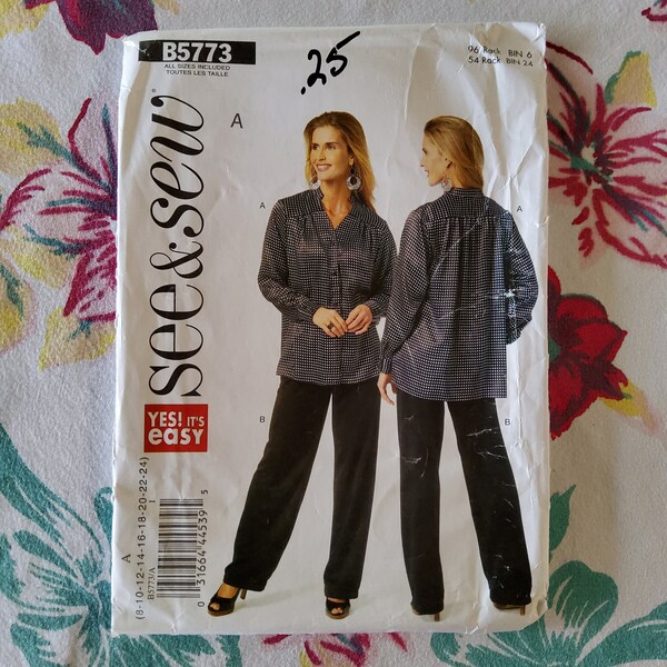Butterick See & Sew 5773 Complete Uncut Factory Folds Sewing Pattern Loose Cuffed Button Up Blouse Elastic Waist Pants Sz 8-24 Bust 31.5-46