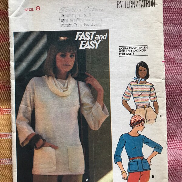 Butterick 4922 Complete Uncut Factory Folds Vintage 70s Sewing Pattern Fast and Easy Cowl Neck Top Big Pockets Stretch Sewing