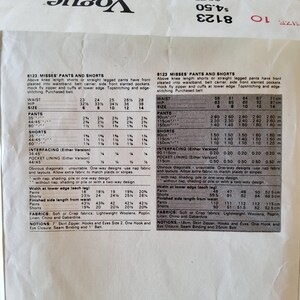 May include: A vintage sewing pattern for misses' pants and shorts, featuring measurements for waist, hip, and size. Includes fabric requirements and notions. The pattern is from the Vogue brand.