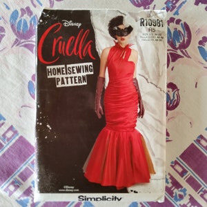 Patrón de costura Simplicity R10981 completo sin cortar, con pliegues de fábrica, disfraz de Cosplay de Halloween de estilo de alta costura de Disney Cruella DeVille, talla 14-22
