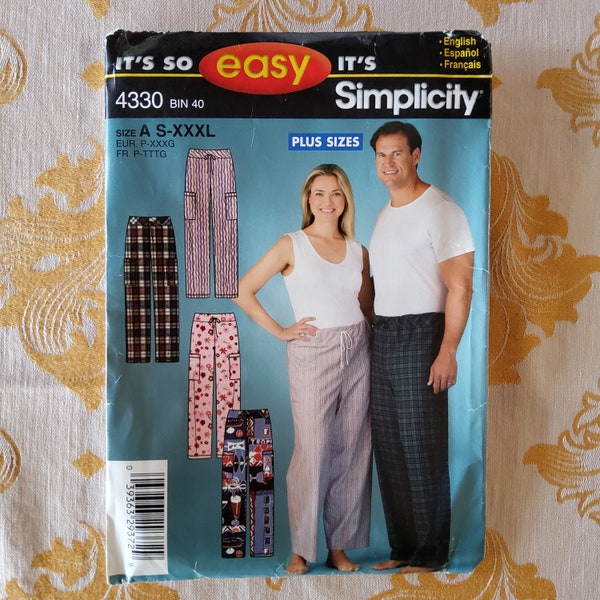 Simplicity 4330 Complete Uncut Factory Folds Sewing Pattern Unisex Cargo Style Pajama Pants Size S M L XL XXL XXXL Waist 34-58