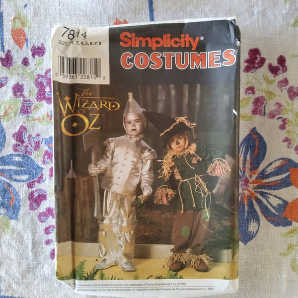 Simplicity Costumes 7814 Complete Uncut Factory Folds Vintage 90s Sewing Pattern Kids Wizard of Oz Costumes Tin Man Scarecrow OOP Size 3-8