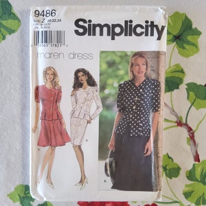 May include: Simplicity sewing pattern number 9486 for a dress. The pattern includes three different styles: a white dress with a jacket, a black and white polka dot dress, and a red dress with a jacket. The pattern is for sizes 20, 22, and 24.