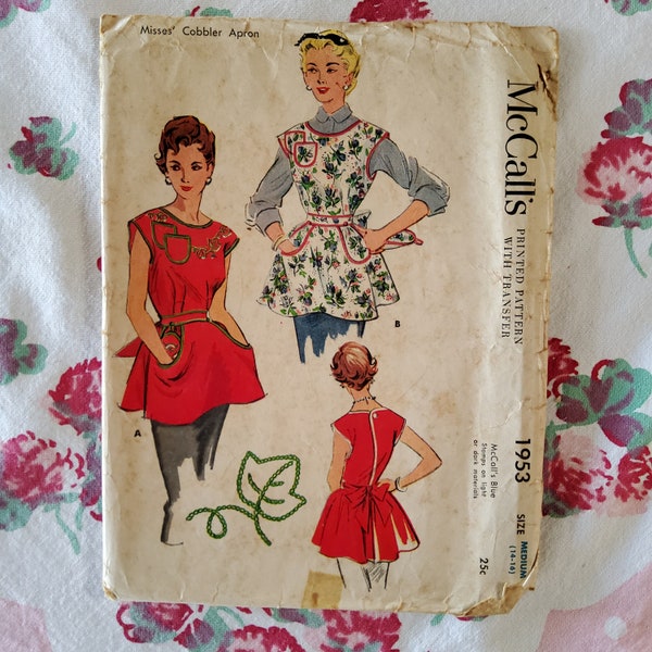 McCalls 1953 Cut Complete Vintage 50s Sewing Pattern Misses Full Cobbler Aprons With Embroidery Transfer Housewife Mother's Helper M 12-14