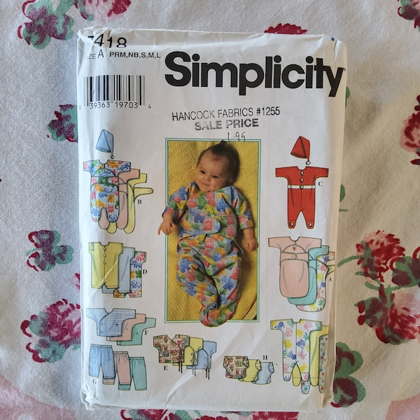 Simplicity 7418 Complete Uncut Factory Folds Vintage 90s Sewing Pattern Baby Infant Layette Shirts Pants Poopsacks Santa Costume Preemie - L