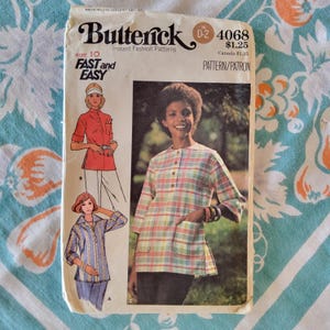 May include: Vintage Butterick sewing pattern, size 10, featuring illustrations of women's tops. The pattern cover displays a plaid top and other designs. The text "FAST and EASY" is visible.