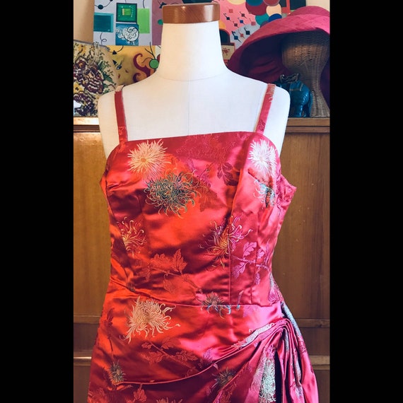 Vintage 50s Sour Cherry Red Wiggle Dress Chinoiser