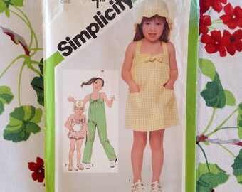 Simplicity 9989 compleet ongesneden fabrieksplooien vintage jaren 80 naaipatroon kinderoveralls romper zonnejurk zonnehoed maat 5 borst 24